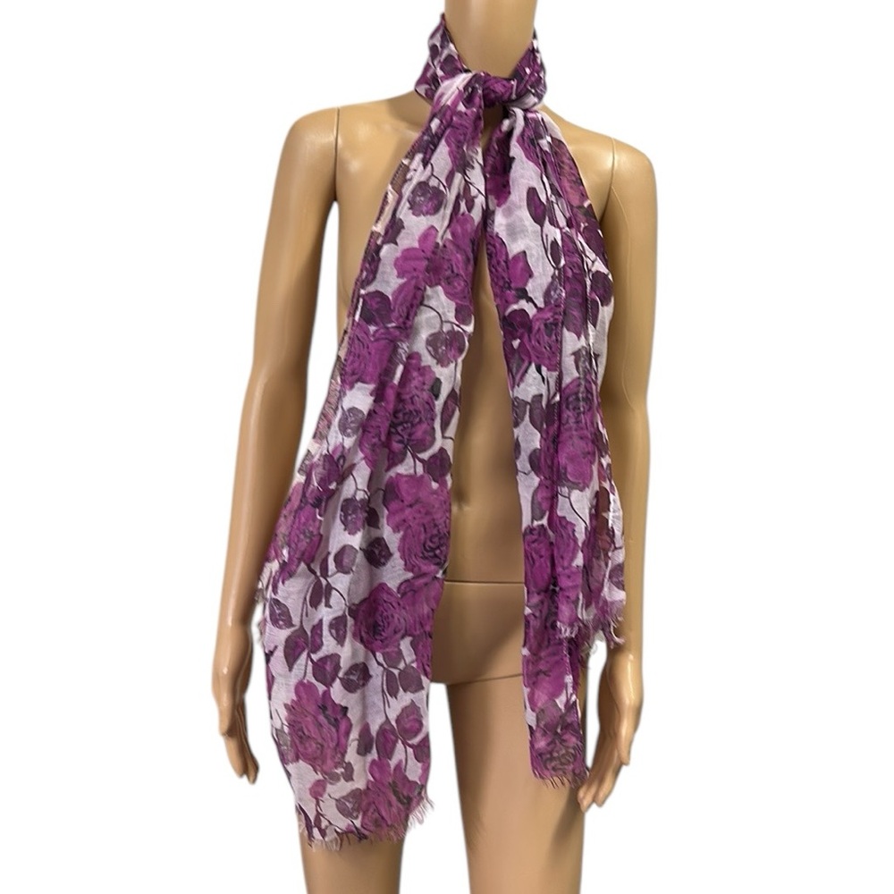 Purple Floral Semi Sheer Long Scarf Wrap Sarong Cover Up 71 x 22.5 inches